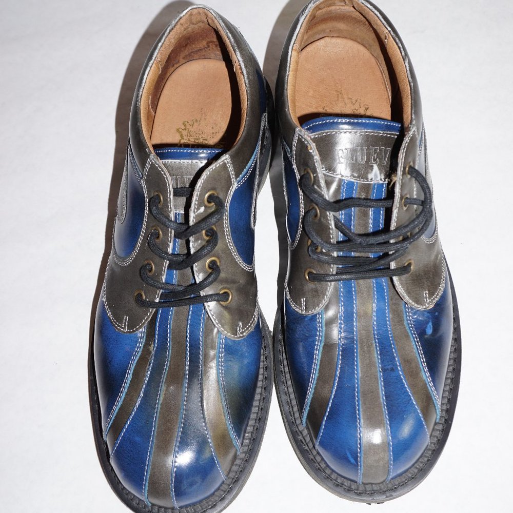 John Fluevog Seventh Heaven Angelic Stripe Lace Up Derby M 12.5 W 14.5 Blue/Gray
